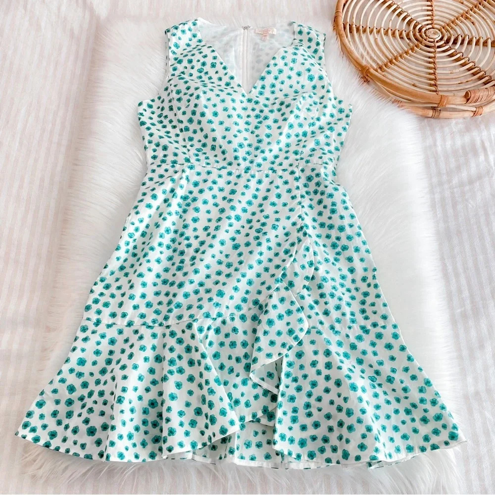 Rebecca Taylor Emerald Daisy Print Mini Dress Cream Green Floral Ruffle V-neck 4 - Picture 4 of 12